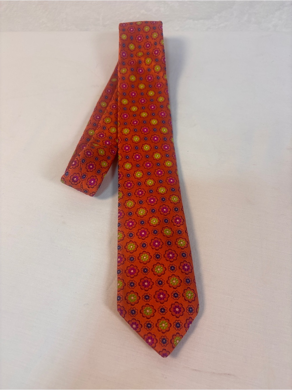 Ted Baker London Silk Tie Orange Geometric Floral Medallion Retro Mens Necktie